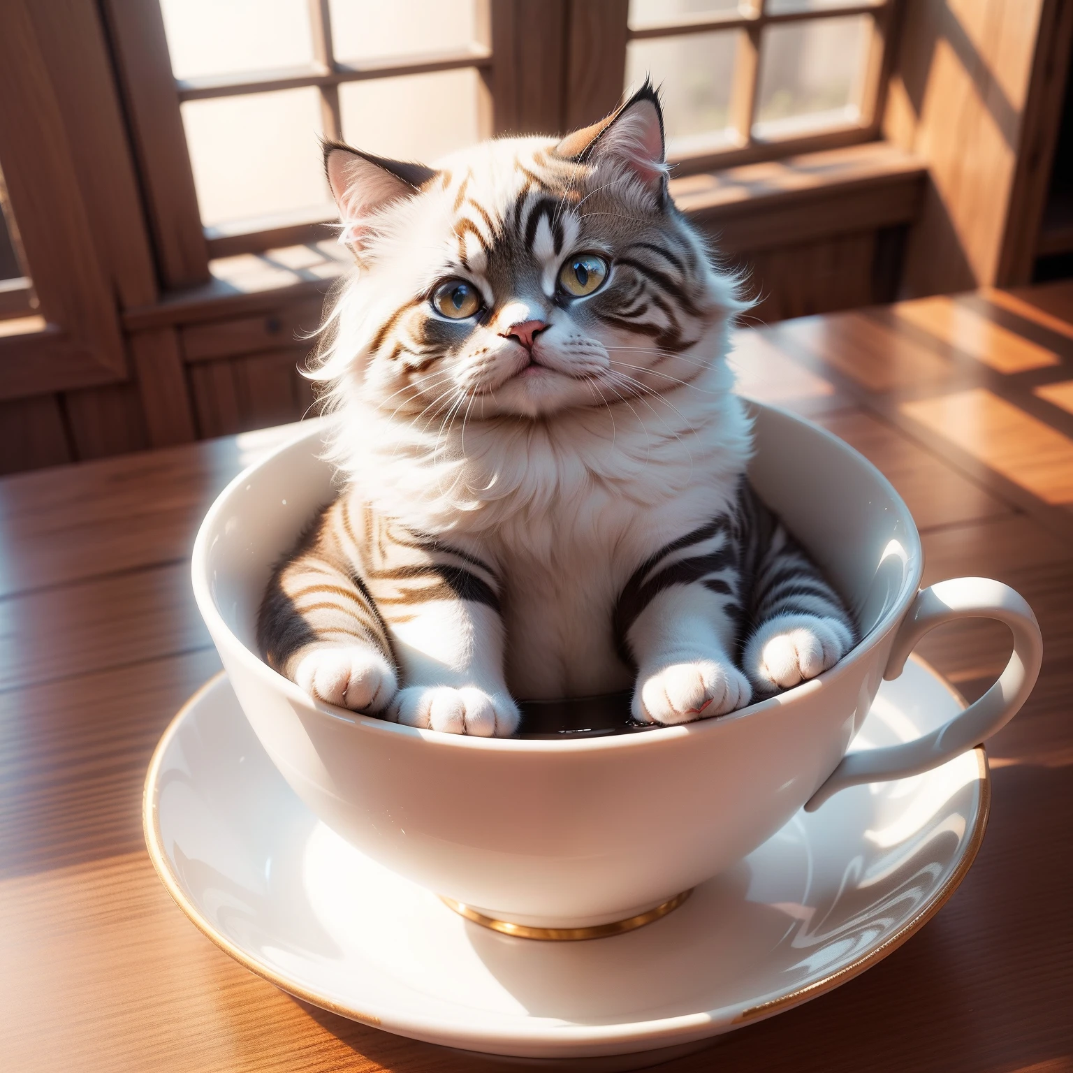 Cat, (Himalayan), (Small)))), in a teacup, Face, Front paws out, 8K, Professional photo, Delicate, Clear, On the table, Inside the house, Sunshine, Light Leak, Masterpiece, ((Pretty))), Fashionable Teacup, (Reality), Plush Toy, Round Pupils
