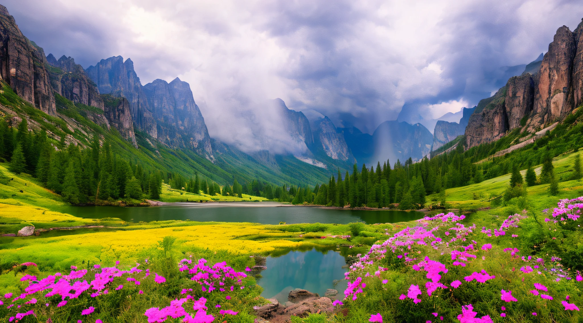 magical, landscape, mysterious, luminous, dreary, complex, bloom, dreary. expansive, magnificent, god rays, storm, lightning, mountains, valley, boulders, trees, flowers, lake