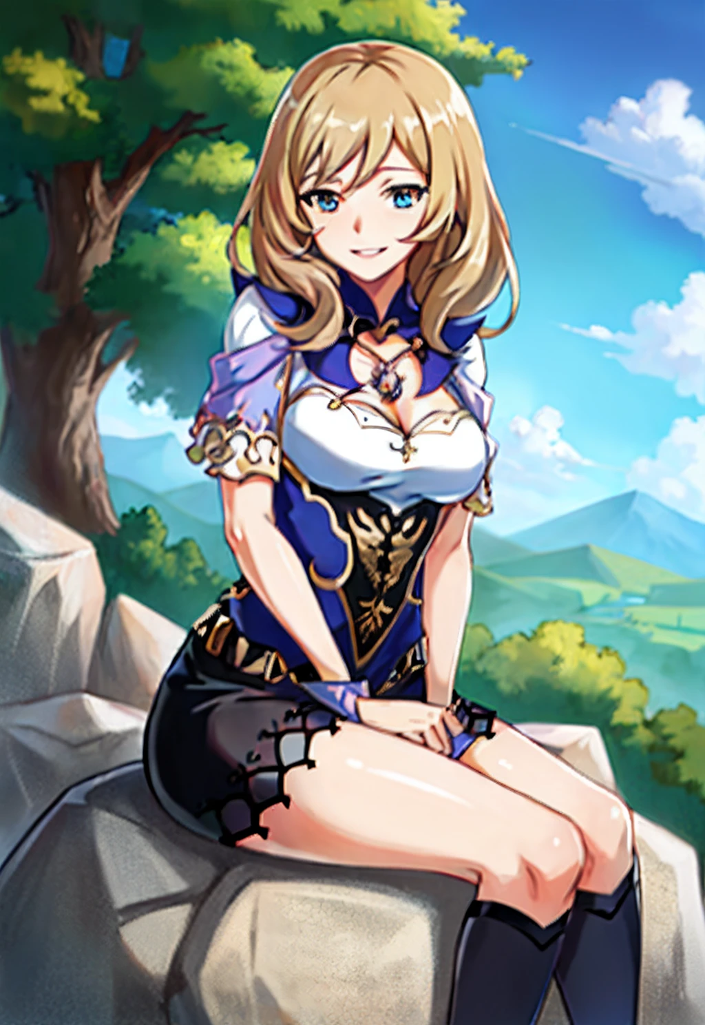 A young beautiful witch, smiling, (full body, detailed face), detailed cleavage,
sitting on a rock, outdoor, blue sky,
natural lighting, anime style, (8K, UHD, hires, high resolution, best quality), 1girl, masterpiece, hyperdetailed, realistic lighting, realistic, low angle camera, (high quality anime, by Makoto Shinkai),
lisa \(genshin impact\)
