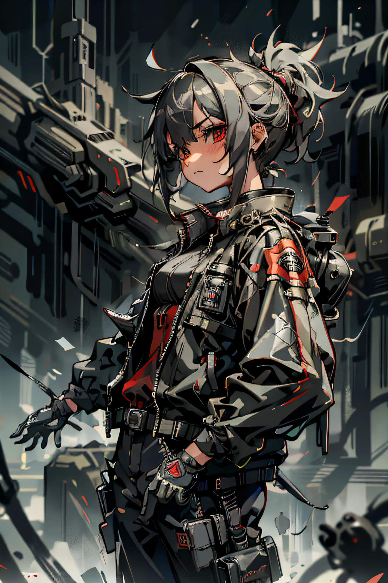 1girl, short ponytail hair, red eyes, wearing black jacket, black Utility Pants, cyber city, high res, ultrasharp, masterpiece, looking at viewer