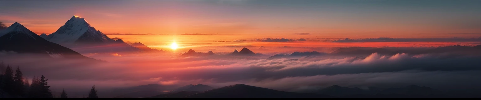 Mountain view in the distance，foggy atmosphere，Ethereal effect，Sunset，