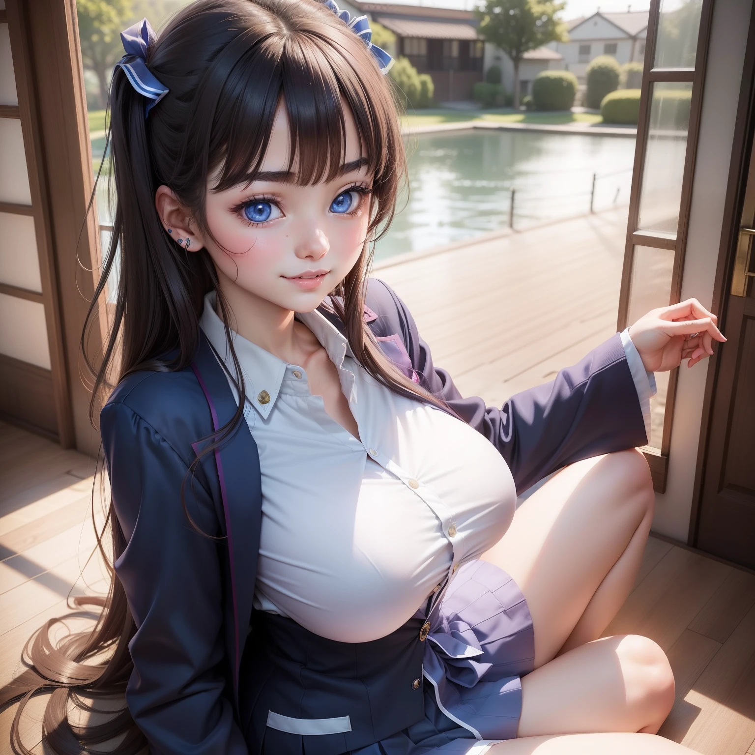 harems　A smile　girl with　校服、blazers、１６Year old girl　Colossal tits　hyperdetailed face　super-detaild skin　real looking skin　blue eyess　beautiful a girl