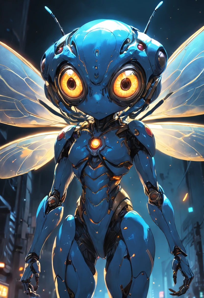 There is a strange-looking alien,Eyes glowing fly humanoid, insect like, Fly-like humanoid mechanic, Cyborg flies, , metal and glowing eyes, human structure bee concept art
