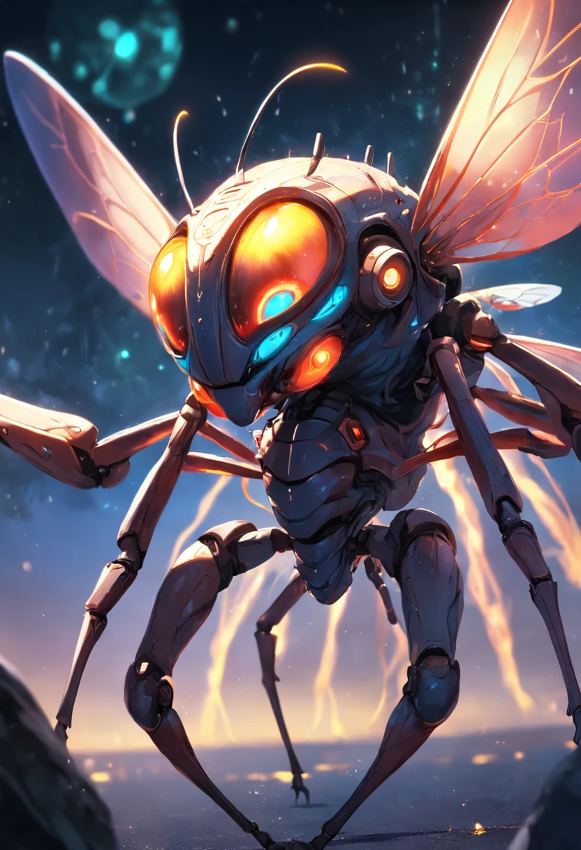 There is a strange-looking alien,Eyes glowing fly humanoid, insect like, Fly-like humanoid mechanic, Cyborg flies, , metal and glowing eyes, human structure bee concept art
