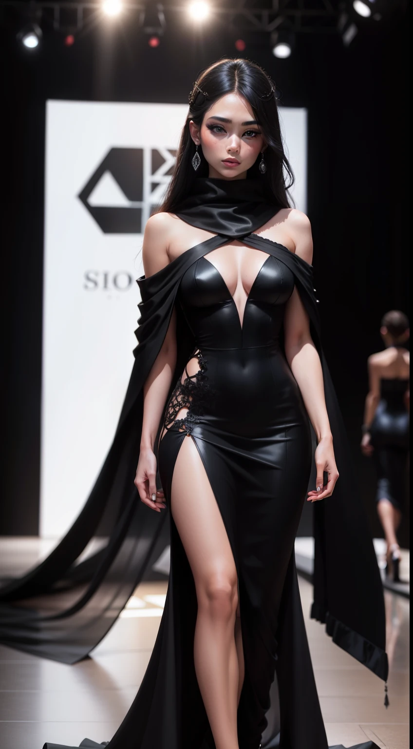 Woman on the catwalk，woman model，Fashion show，Black gown，Plush shawl