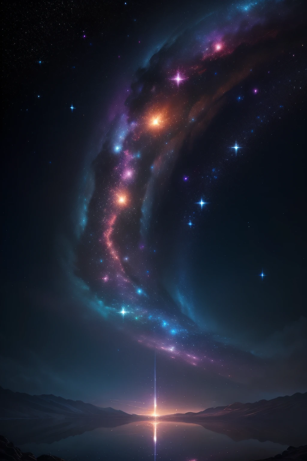 ((Masterpiece)),((Best quality)), 8K, high detal, Ultra-detailed, Step into the magical realm with its starry sky tunnel, Transport you to a universe of wonder and awe((Wonders of the universe), (Interstellar Journey), (Ethereal atmosphere))(Rows of glittering stars, Nebulae depict the sky in ethereal colors, Meteors streak across the horizon, Celestial bodies twinkle in the distance, Infinite sense of space and celestial beauty)