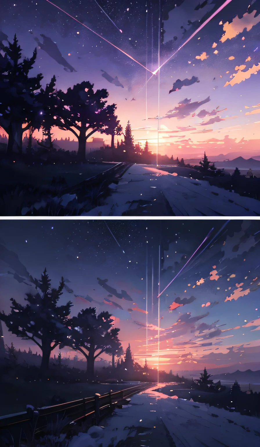 (((Makoto Shinkai style)),pixiv,anime drawing,high quality,pink purple sky,beautiful scene),(universe,train passing,magical realism,((makoto shinkai style)) ::0.8), [Artistic Atmosphere, Atmosphere:0.8, Starry Sky, Hills, Snow Mountain, Sparkling Water, Grass, Trees, Smoke, Stars, Low Angle of View, Specular Scattering,