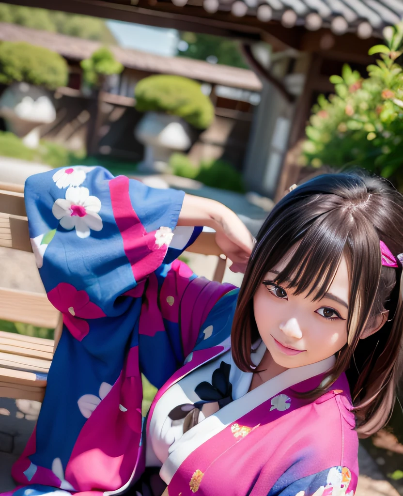 (Hands are in a clean shape),Anime girl in colorful kimono sitting on bench, chiho, harumi, Wearing a colorful yukata, shikamimi, bath robe, Rin, hana yata, Ayaka Cosplay, けもの, in a kimono, wearing rainbow kimono, sakimichan, wearing a haori, Photo taken with Nikon D 7 5 0