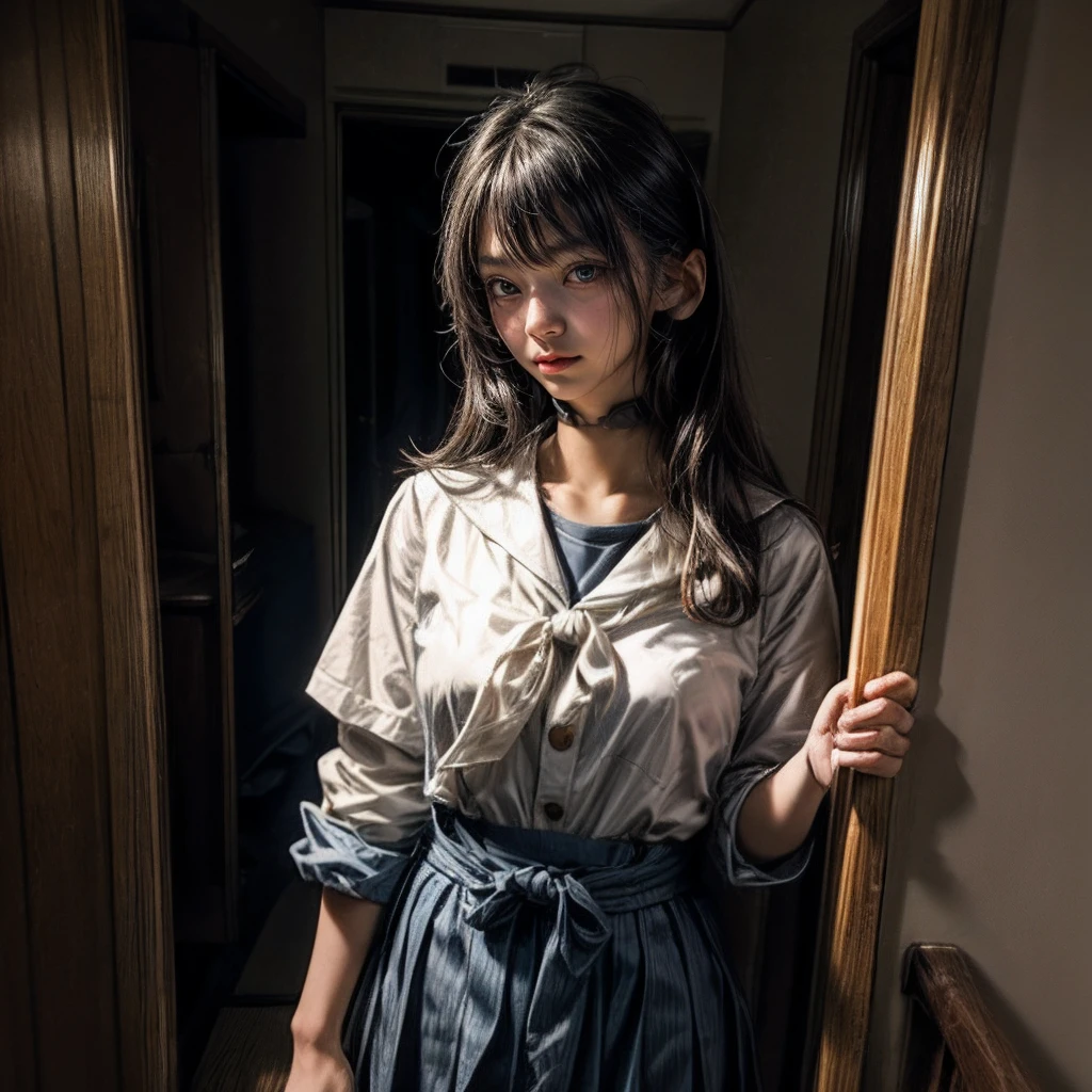 1girl in, Shot from the waist up, Japanese student, sailoruniform, Shining the flashlight from face, It's a ghost~, joke
