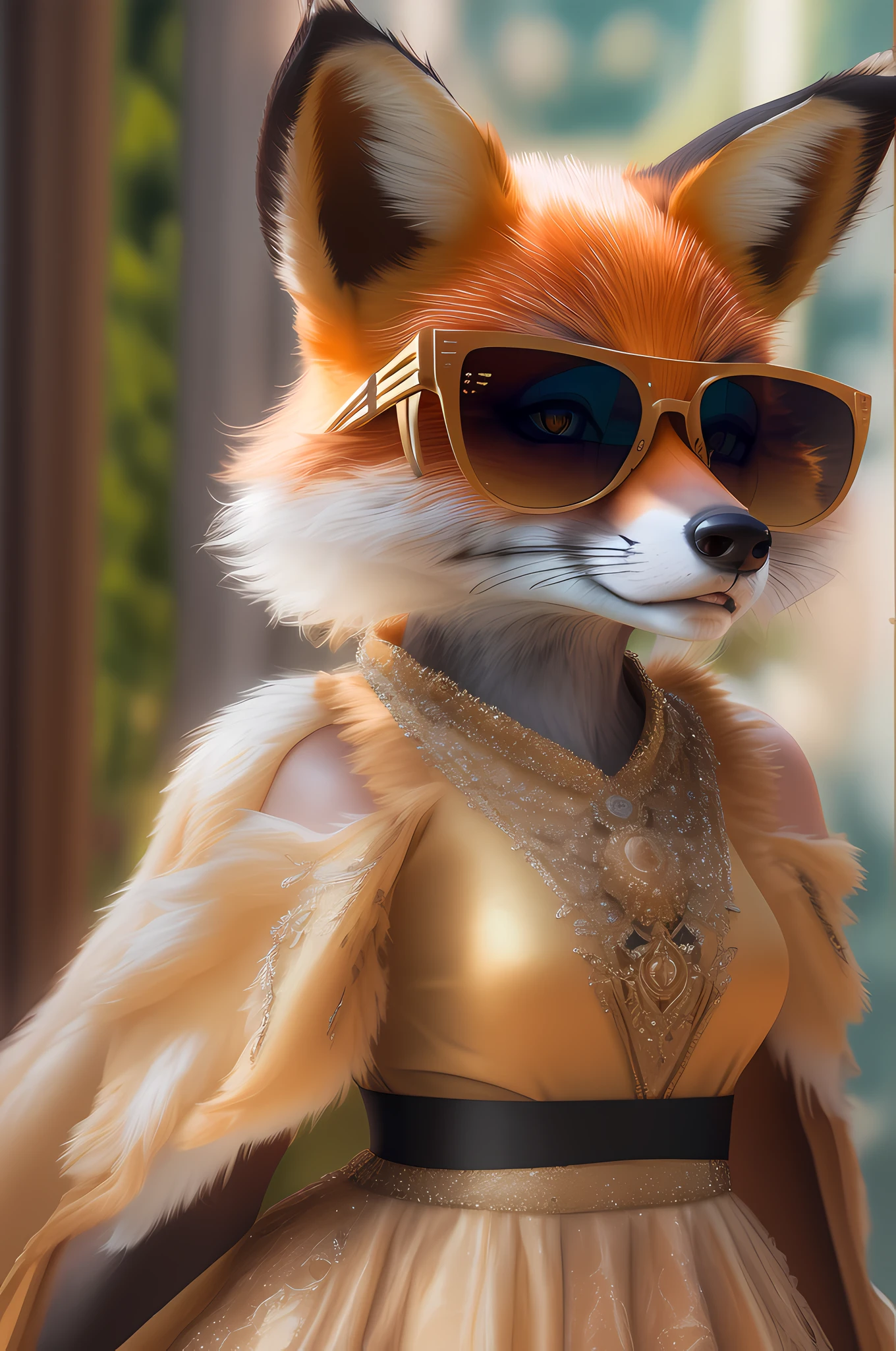 a picture of an athro female  fox wearing a glamorous sexy dress, ultra feminine female fox, wearing sunglasses, ultra best realistic, best details, best quality, 16k, [ultra detailed], masterpiece, best quality, (extremely detailed), ultra wide shot, photorealism, depth of field, hyper realistic painting, 3D rendering