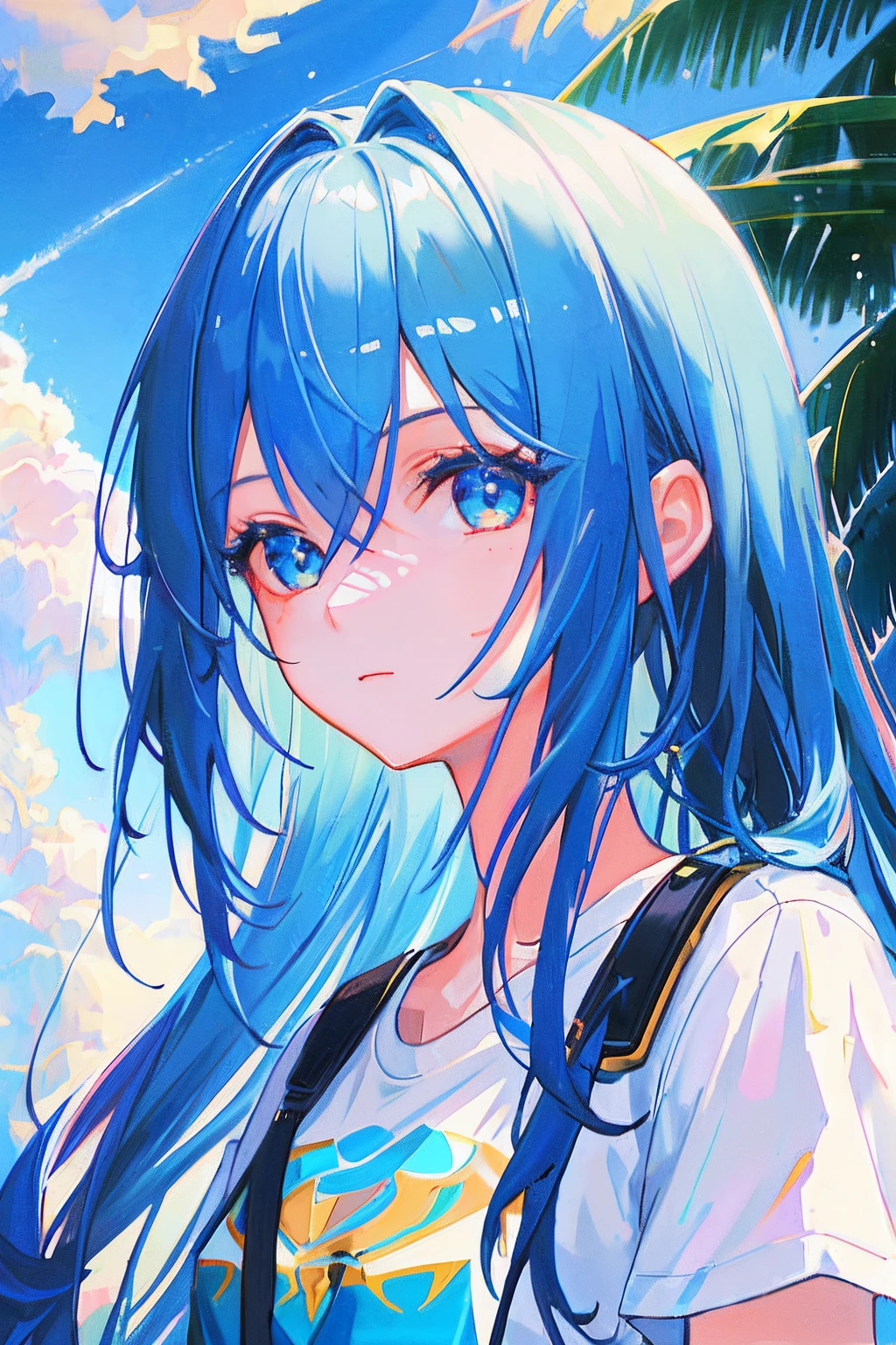 1girl, masterpiece, top quality, highly detailed, movie lighting, high resolution, official art, detailed beautiful face and eyes, high resolution illustration, 8k, blue hair, bangs, "RyooNix" letters on white t-shirt, blue sky, clouds