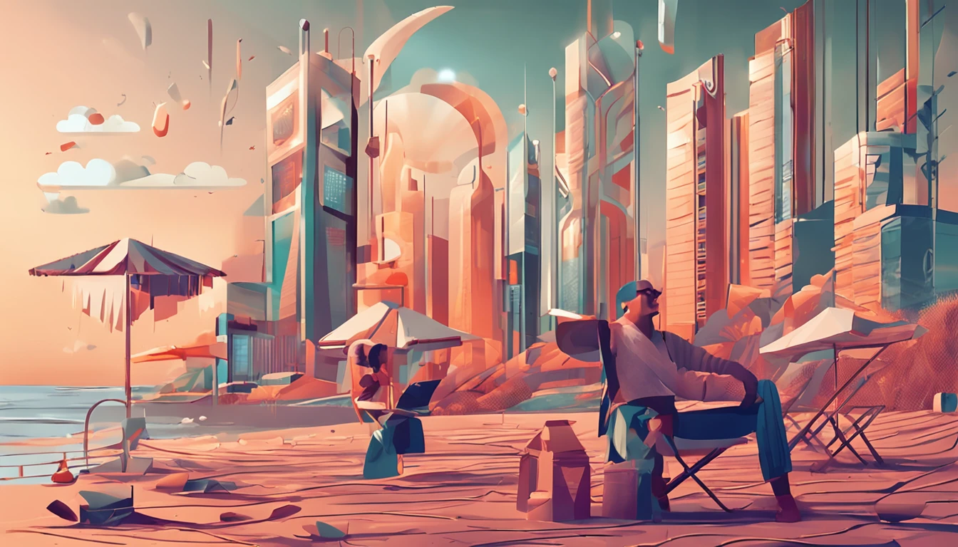 Generate a series of visually striking images that represent the concept of 'passive income'. Images should convey the idea of stable earnings and cash flow without active effort. Includes elements such as piles of money growing with ascending charts, People relaxing on a beach while their bank accounts fill up, Striking buildings that symbolize solid investments, tudo cercado por uma aura de conforto e sucesso. Use um quente, Calm color palette to create a sense of financial security. Images should be sharp, realistic and capture the viewer's attention. Consider including elements of artificial intelligence to highlight the modernity of revenue-generating strategies. Surprise me with your creativity and unique style in each image!