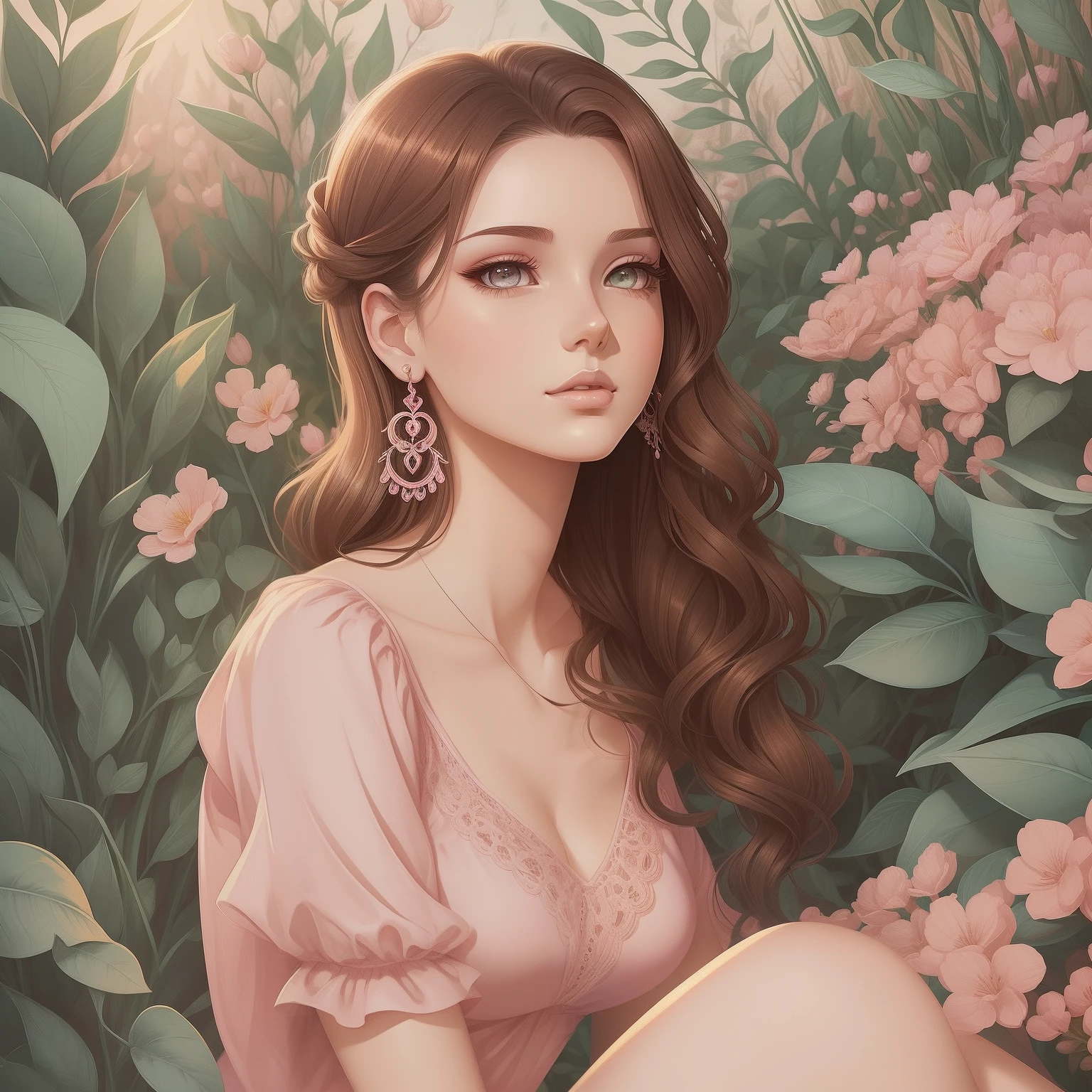 Illustration of a 25 year old woman with earrings, brown hair, pink lacy top and short denim shorts, she is in a garden, digital illustration style, cartoon style illustration, beautiful art style, trends in art, beautiful digital illustration, beautiful digital art, cartoon art style, cute detailed digital art, exquisite digital illustration, cute drawing style, awesome art style, vector art style, anime digital illustration, illustration Charlie Bowater Art Style, No Style Charlie Bowater, Charlie Bowater Style, charlie bowater character art, Charlie Bowater and Tom Bagshaw, No Bowater Art Style, Neoartcore and Charlie Bowater, inspired by Charlie Bowater, beautiful digital illustration