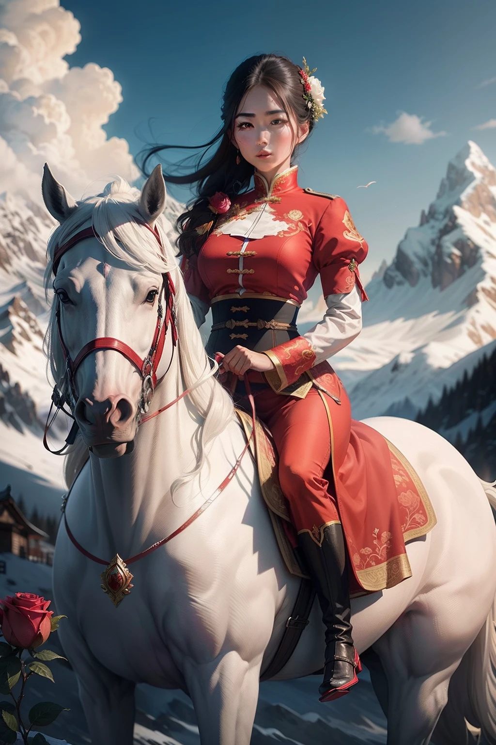Image of a Chinese beauty,A woman crosses the Alps, The woman holds a red rose in her mouth,The white horse stands on its hind feet, Inspired by Jacques-Louis David, style of surrealism