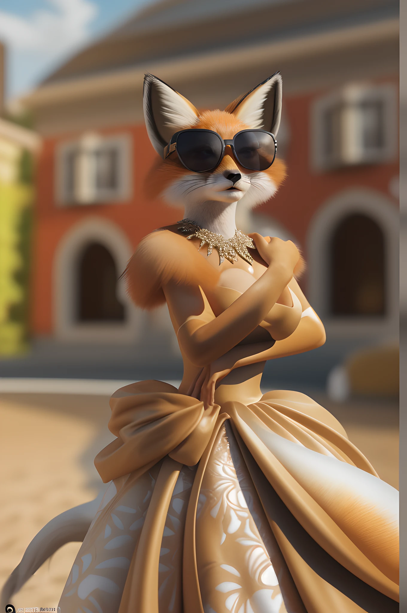 a picture of an athro female  fox wearing a glamorous sexy dress, ultra feminine female fox, wearing sunglasses, ultra best realistic, best details, best quality, 16k, [ultra detailed], masterpiece, best quality, (extremely detailed), ultra wide shot, photorealism, depth of field, hyper realistic painting, 3D rendering