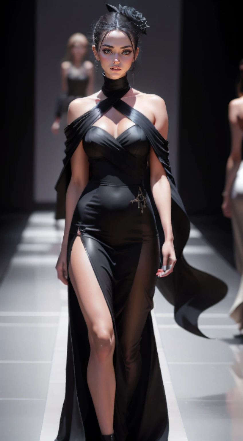 Woman on the catwalk,woman model,Fashion show,Black gown,Hip shawl