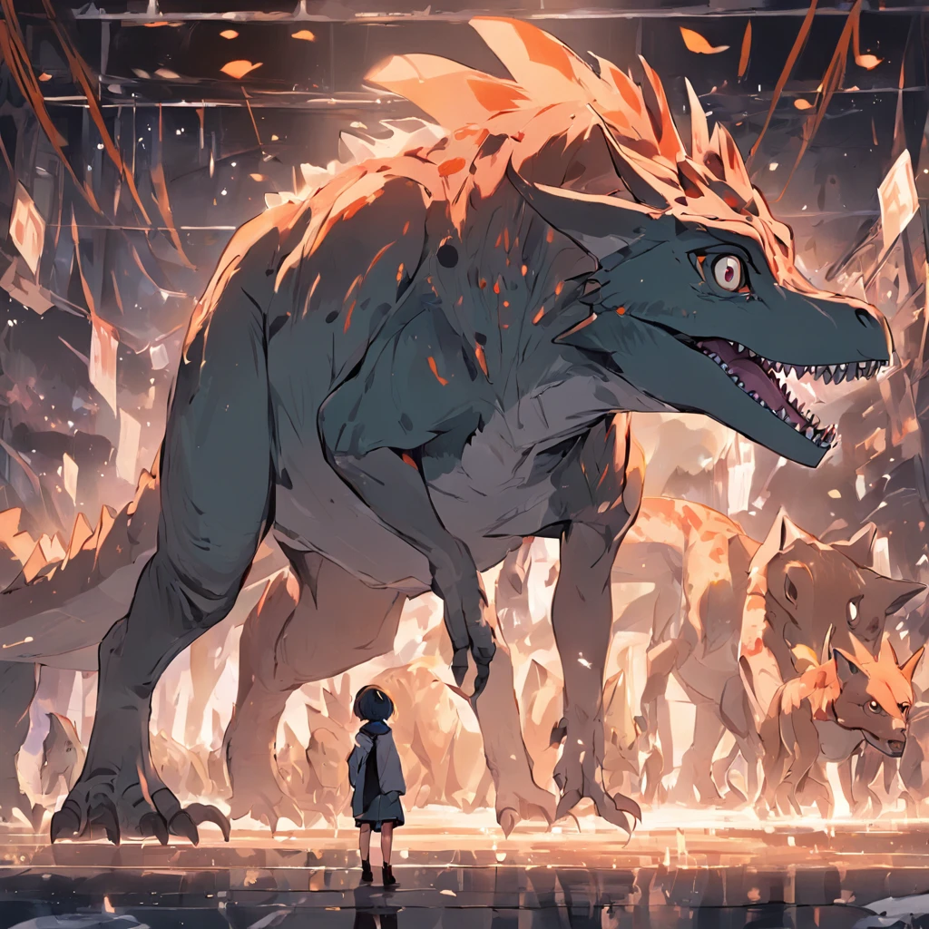 Dinosaurs carry wolves,Museum,nigth,On the street,running down the street,The tail swept over a car,coda,Thick tail