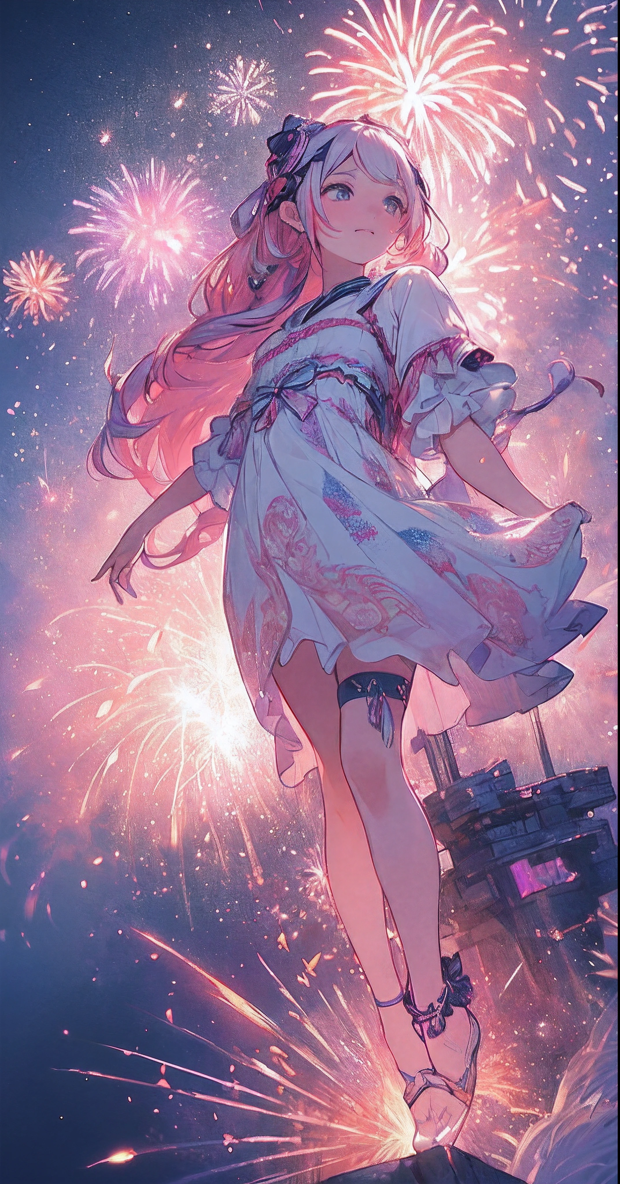((Fireworks display seen from a higher place:1.5)),(Lots of 10-shakudama fireworks fill the sky:1.53),Fireworks display beyond imagination,innocent smiles,Girl in the sky,Never seen,Seven colors,(1girl in),(Cute smile),(The clothes are intricate dresses with a white base:1.4),(Lots of light particles spin around the girl) ,(Best Impact:1.5), (maximalism:1.7),,Vivid contrast, (Realistic),,hyperrealistic illustrations,,hight resolution,,ultra-detailliert,,absurderes,(Fractal Art:1.3),Braided hairstyle,Gradient long hair,FULL BODYSHOT,Photographing the sky from below,Precise focus,randome pose,cinema4d,Drama