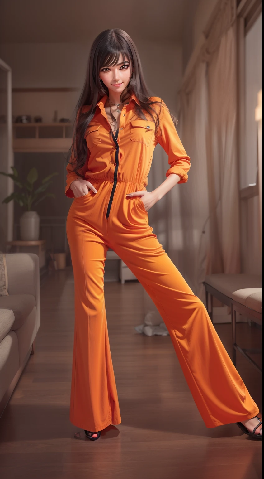 high-resolution full-body photography of a stunning beautiful girl with perfect slender figure, (((only 1 girl))), full-view, wearing a vintage 1970s orange polyester jumpsuit, high heels, laying sexy on the couch, wonderful legs, 1970s hairstyle, hyperrealistic, sharp focus, sharpened, intricately detailed, HDR, 32K --ar 9:16, long hair, drill hair, makeup, cinematic lighting, Canon, Wide-Angle, UHD, UHD, masterpiece, ccurate, anatomically correct, textured skin, super detail --aut