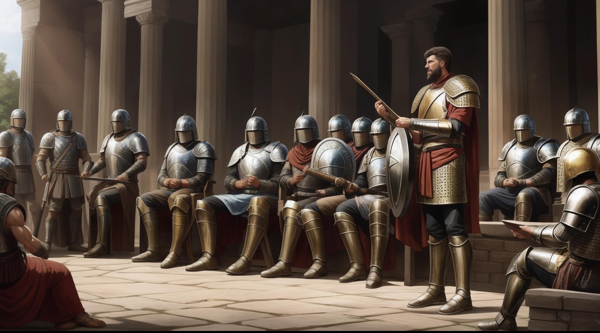 A roman general (male, in ancient iron armor) giving a speech to his men before the battle --auto