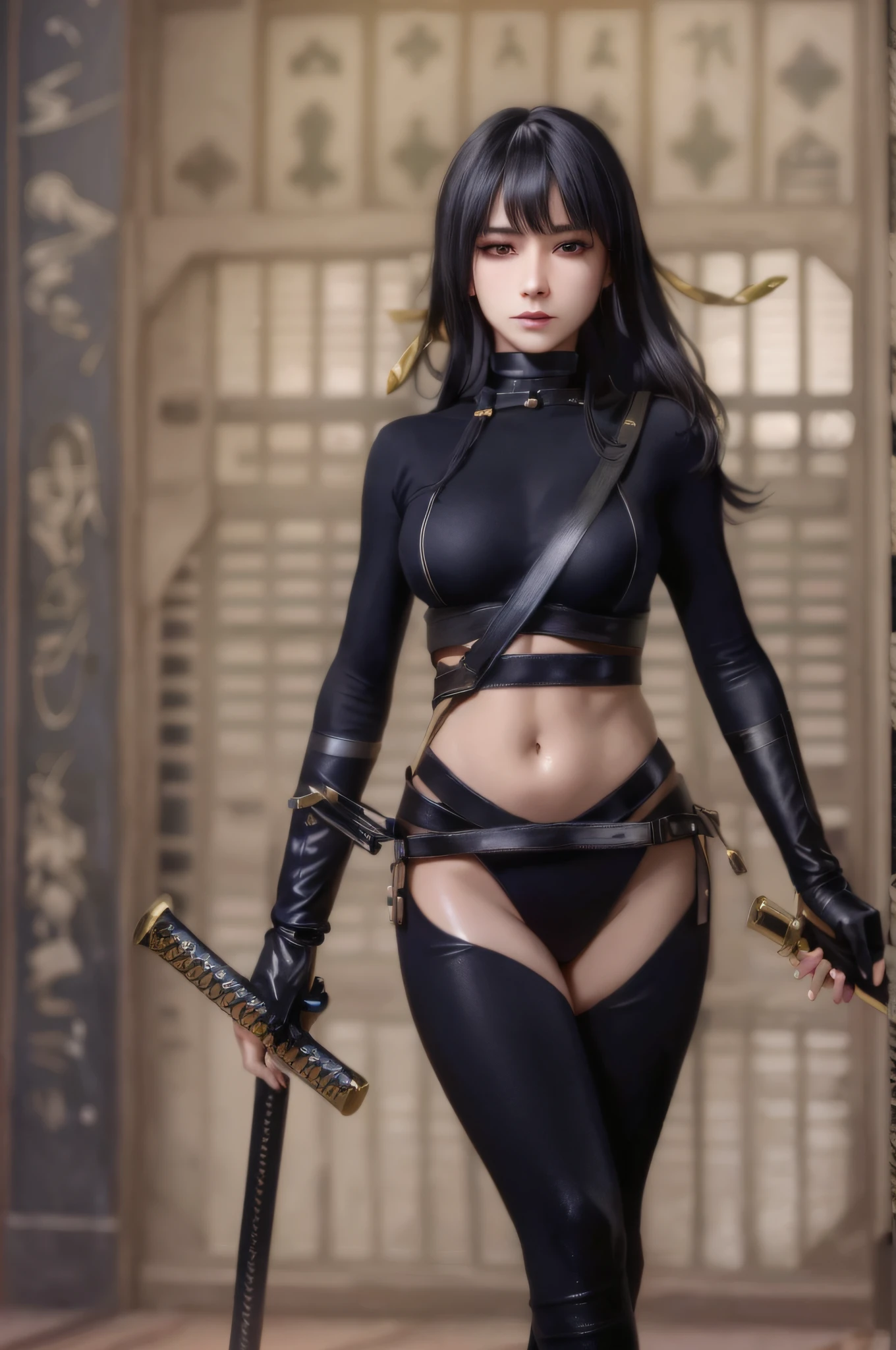 arafed woman in black leather outfit holding two swords, beautiful female assassin, katanas strapped to her back, ninja outfit, female assassin, she is holding a katana sword, kunoichi, katana, very beautiful cyberpunk samurai, unsheathing her katana, portrait ninja gaiden girl, katana zero video game character, goth ninja