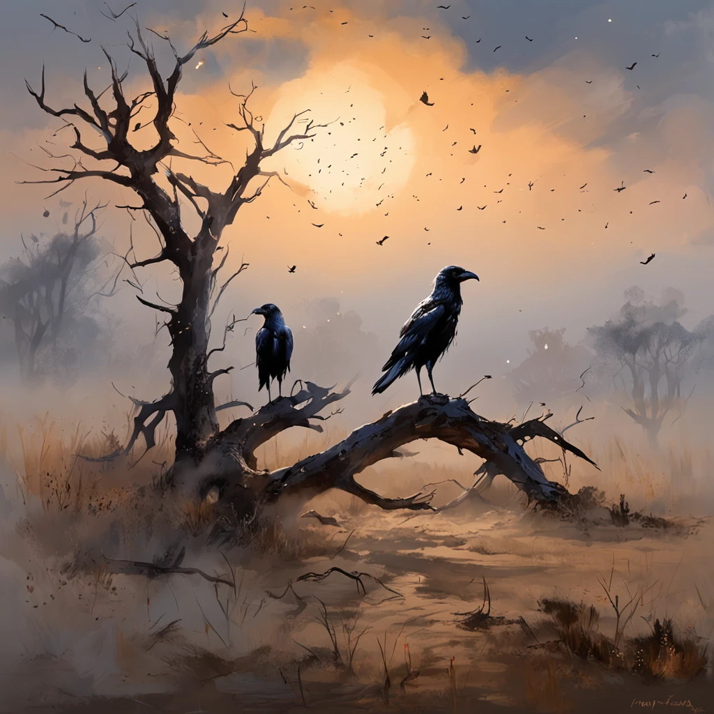 Two crows on a dead tree, A shadow shaped like a walker, Starry night, Thick fog on the ground, Blue light on the horizon, Unreal Engine 5, Cinematic, low angle photography, Motion blur, Depth of field, Dust, Cobblestones and dirt. Splash Art, dripping paint. Perfect color grading. Influenced by Karel Appel and Jeremy Mann, Full of dramatic and threatening scenes, Hyper-detailed, Beautiful, insanely details, Intricate details, editorial photography, shot with a 50mm lens, Depth of field, Tilt Blur, Shutter speed 1/1000, f/22. Lightmaps, Super bright