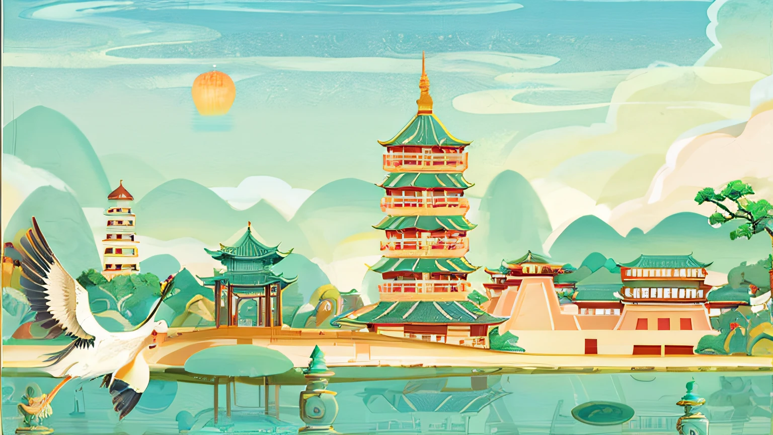 Chinese landscape illustration with pagoda and lake, Temple background, digital painting of a pagoda, background depicting a temple, background artwork, arte de fundo, oriental wallpaper, Zen temple background, Chinese landscape, Inspired by Yang Buzhi, ancient city landscape, landscape artwork, Stylized digital illustration, A beautiful artwork illustration, Detailed scenery —width 672