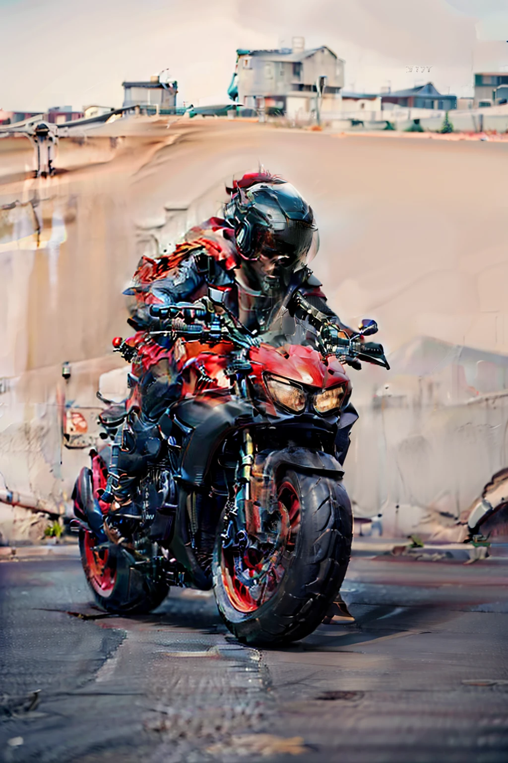 Handsome guy galloping on a red and black Kawasaki Z900 motorcycle