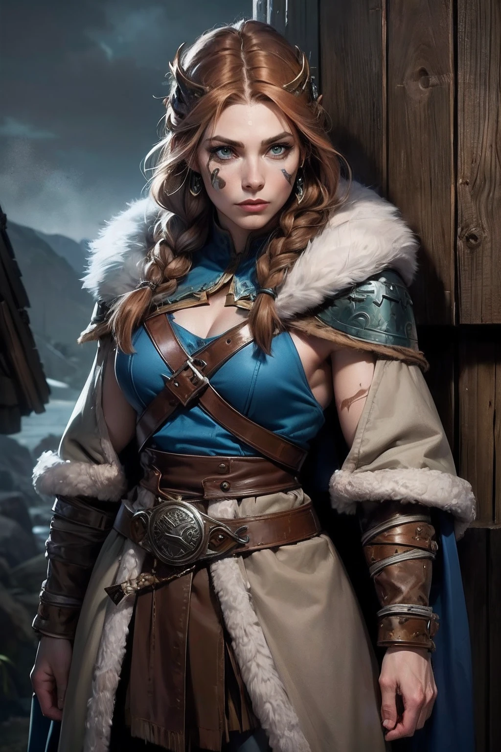 (Viking woman:1.2),(war paint on face), warrior makeup, (green eyes:1.1),(muscular),(fur coat),(fur skirt),(pants),(red brown hair color:0.9),(Viking hairstyle),(loose hair with small braids at scalp), (leather strap top) feathers, cloak over shoulder, spaulders, (Blue, grey and brown outfit:1.2), Warrior