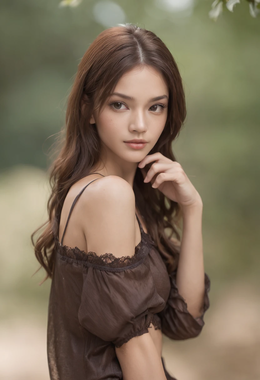 sexy woman, , slim, athletic, shiny tanned skin, Petite breasts, thin waist, long brown hair, dark lingerie, Realistic, photography, real, natural