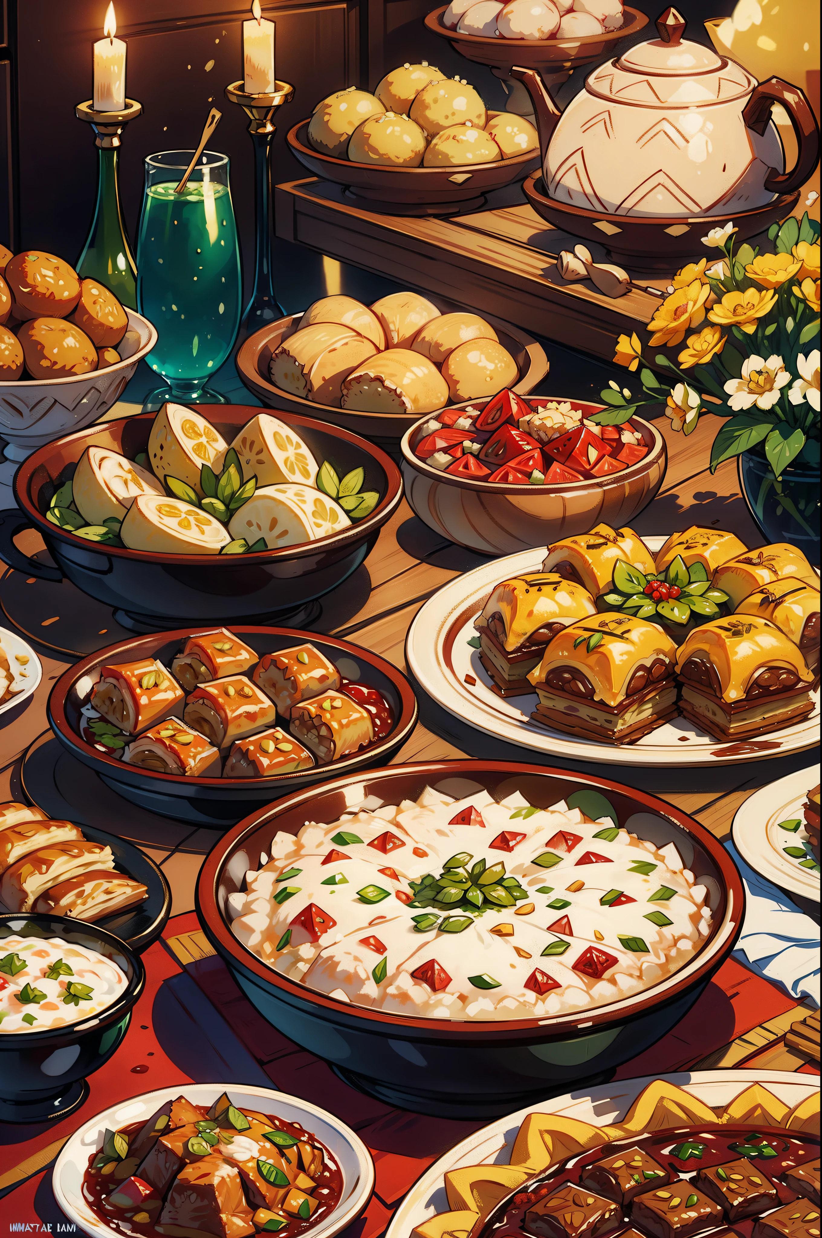 Illustrate a lavish spread of delicious Eid delicacies, including succulent lamb or goat dishes, aromatic rice, and an array of delectable sweets like baklava and ma'amoul.