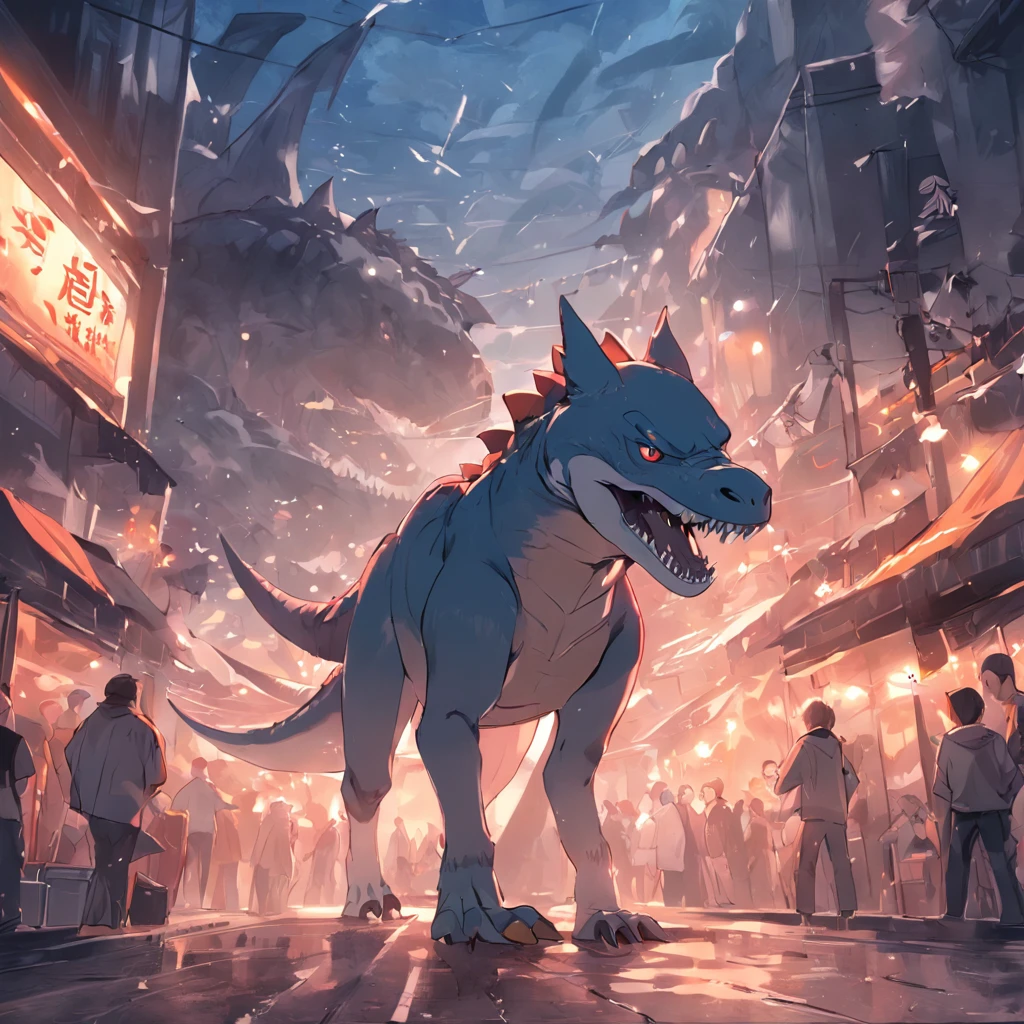 Dinosaurs carry wolves，独奏，nigth，On the street，running down the street，The tail swept over a car，coda，thick tail，Face away from the camera，No Man，streets background，废墟