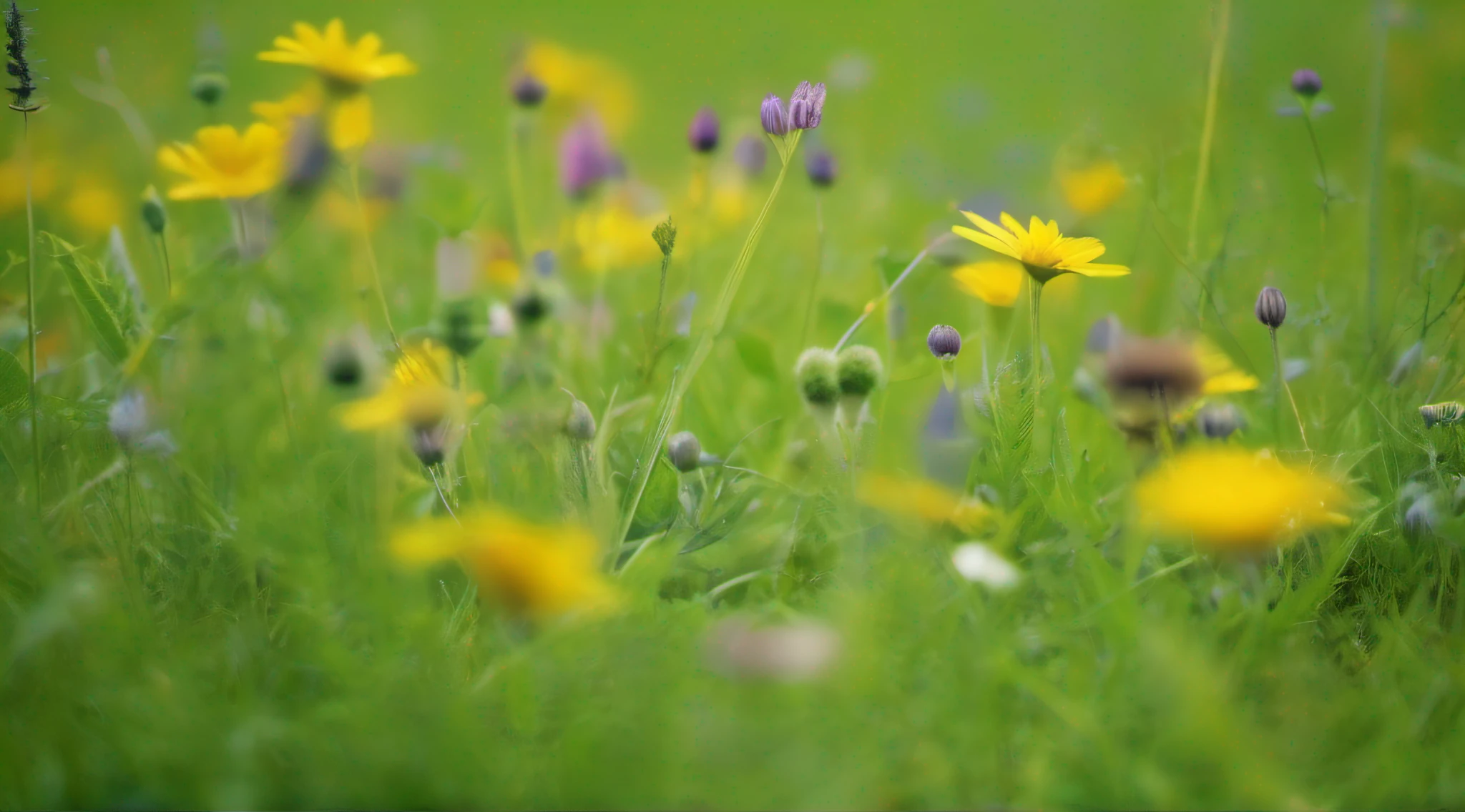 Fresh green meadow、Close-up on wildflowers、