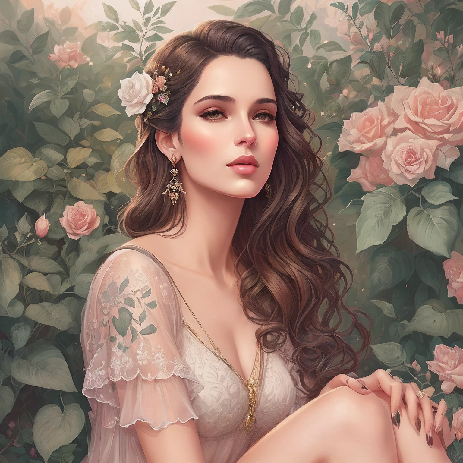 Illustration of a 25-year-old woman with earrings, brown hair, top rendado rosa e shorts jeans curtos, She's in a garden, Digital illustration style, Cartoon style illustration, belo estilo de arte, Trends in Art, Beautiful digital illustration, bela arte digital, estilo de arte dos desenhos animados, arte digital detalhada bonito, exquisite digital illustration, Estilo de desenho bonito, Amazing Art Style, estilo de arte vetorial, digital anime illustration, ilustração Charlie Bowater Art Style, Sem estilo Charlie Bowater, Estilo Charlie Bowater, arte do personagem charlie bowater, Charlie Bowater e Tom Bagshaw, No Bowater Art Style, Neoartcore e Charlie Bowater, inspirado em Charlie Bowater, Beautiful digital illustration