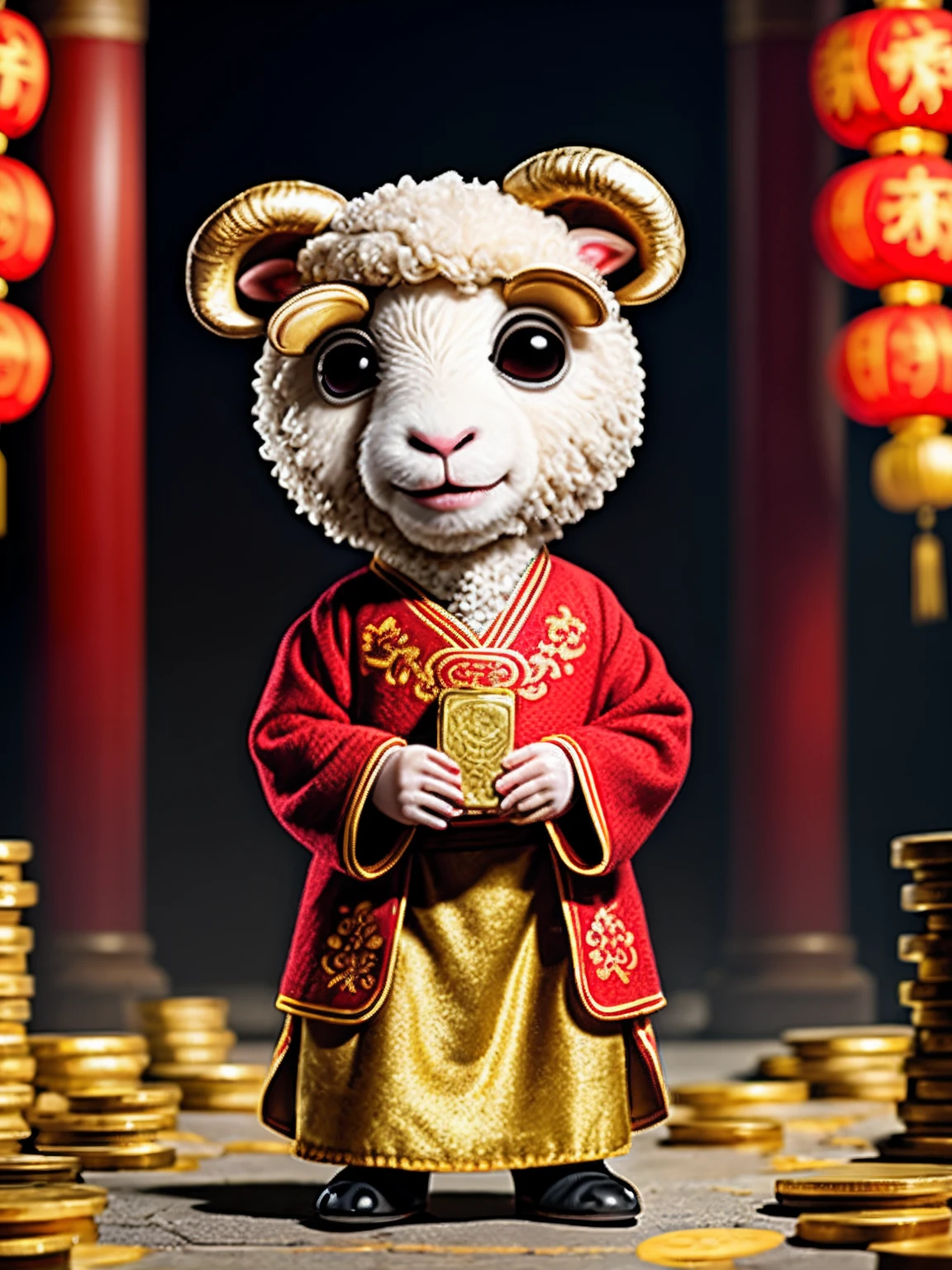 Anthropomorphic, cute little sheep dressed in elegant red hanfu, holding gold coin, the ground covered with of gold coins, Big Eyes, Chinese Culture, ZBrush,Full Body Portrait, Fine Detail, Cinematic Illumination, Intricate Details, Octane Rendering, 8k, Pixar style —ar 9:16 --testp --upbeta --upbeta