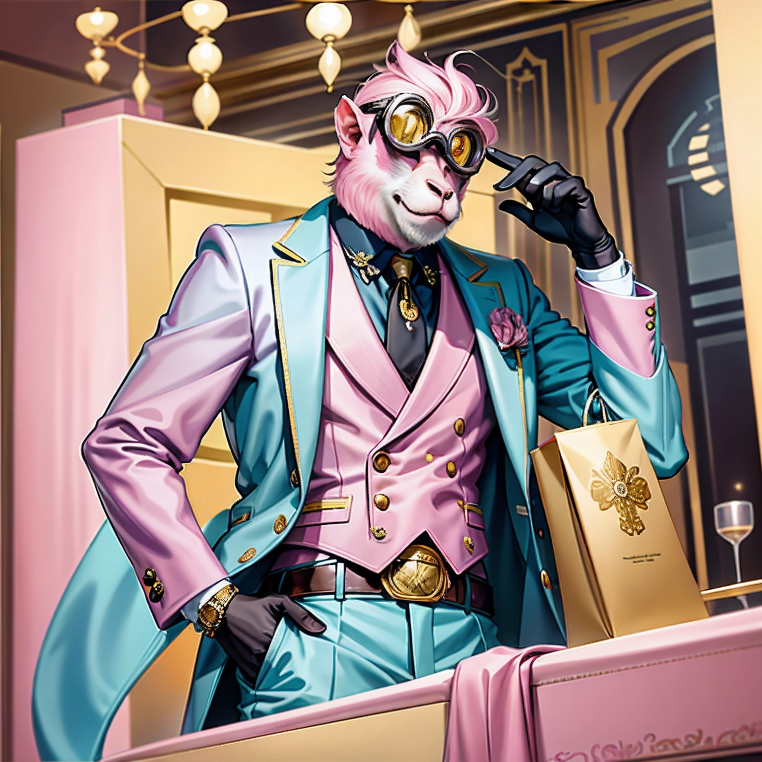 A fashionable monkey in a tie and suit，Wear a pair of goggles，Exudes a charming glow，Gemstones and gold dot the body，Adding a touch of luxury and jewelry beauty，Shanghai shopping mall background,the street，abortion，vehicles，A man in a pink jacket and yellow tie and a blue shirt and pink jacket and pink jacket，Annabelle Kidston, kitsch movement, Pastel colors