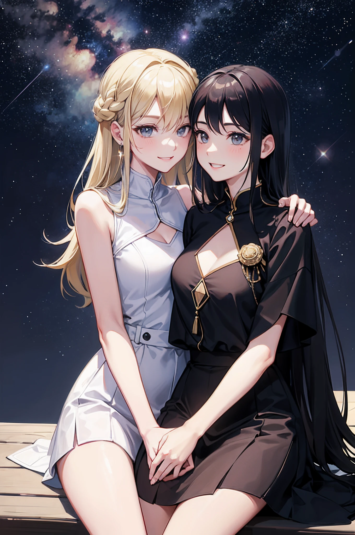 Smiling,Face focus, Meteor shower in the starry sky, Several lesbians sitting together looking at the stars,leering,leering:1.3, Planetary explosions,Masterpiece, Best quality, intricately details, absurderes