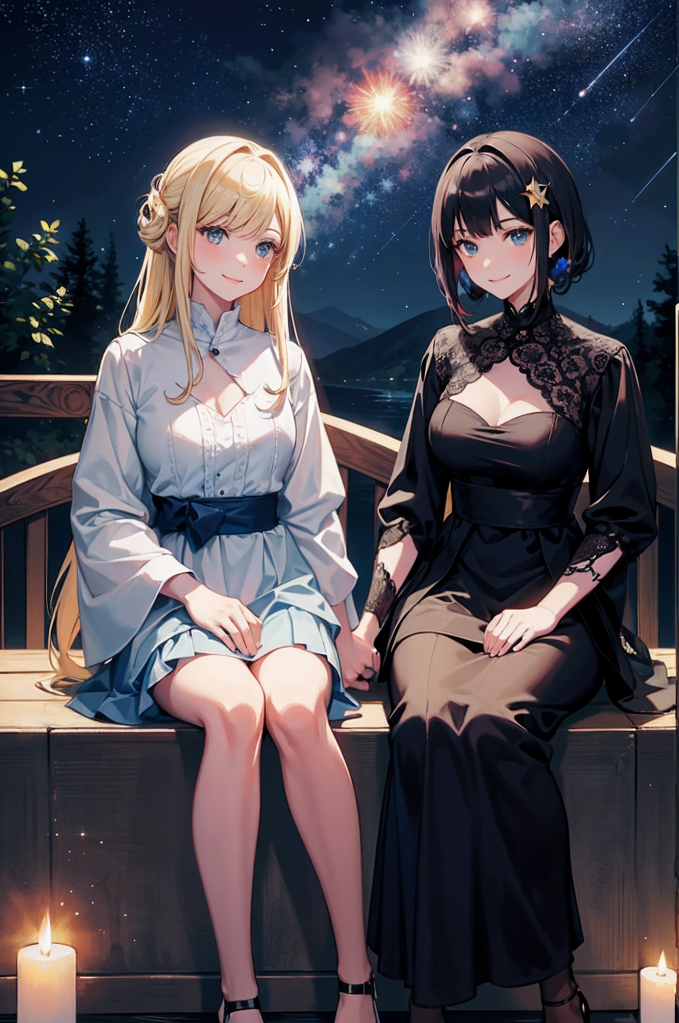 Smiling,Face focus, Meteor shower in the starry sky, Several lesbians sitting together looking at the stars,leering,leering:1.3, Planetary explosions,Masterpiece, Best quality, intricately details, absurderes