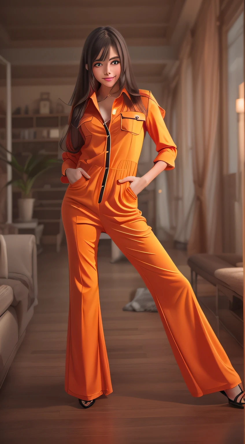 high-resolution full-body photography of a stunning beautiful girl with perfect slender figure, (((only 1 girl))), full-view, wearing a vintage 1970s orange polyester jumpsuit, high heels, laying sexy on the couch, wonderful legs, 1970s hairstyle, hyperrealistic, sharp focus, sharpened, intricately detailed, HDR, 32K --ar 9:16, long hair, drill hair, makeup, cinematic lighting, Canon, Wide-Angle, UHD, UHD, masterpiece, ccurate, anatomically correct, textured skin, super detail --aut