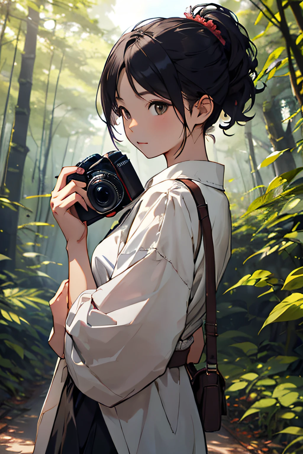 hentail realism、Girl in the forest and sunshine, short detailed hair, Nice hairstyle, Nice clothes、Fujifilm camera removes the background