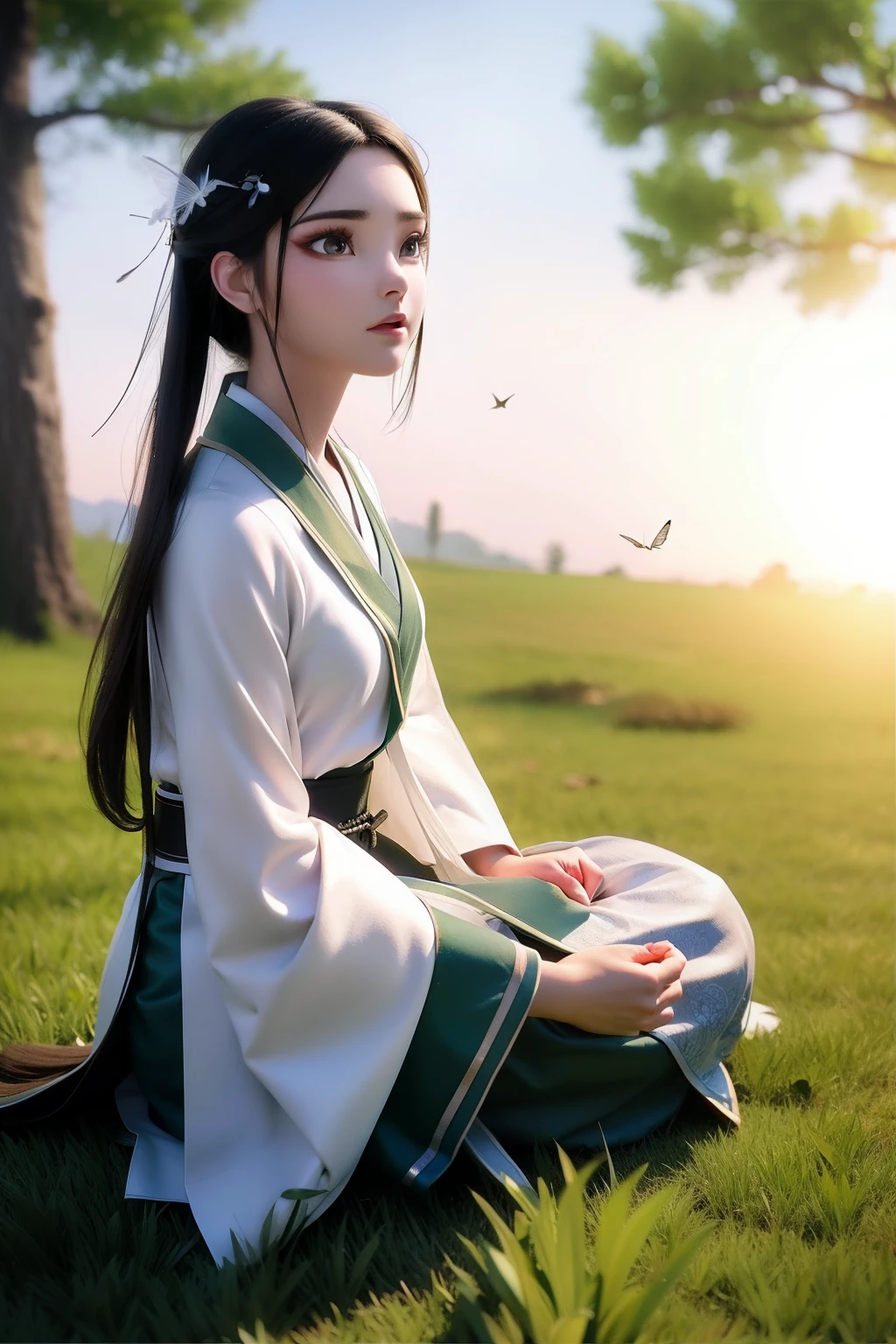 xiaobai,grassy fields，sitting，butterflys