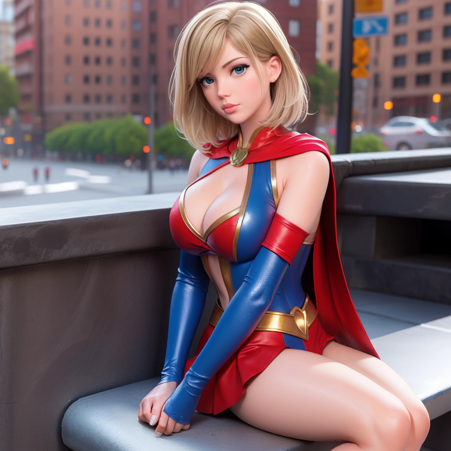 Super girl merge with power girl, sexy, sitting on bench, metropolitan background, sexy, alluring, sensual, multiple limbs