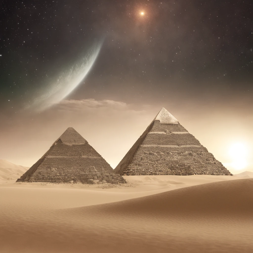 (Professional 3D rendering:1.3) de (Realistic:1.3) Cenario de fundo uma piramide do egito com palmeiras espalhadas, Some spaceships in the sky, um homem de cor de pele branca, com cabelos pretos, e oculos escuro preto, Standing in front of the pyramid, Render 3D animation, qualidade 4k, imagem de alta qualidade