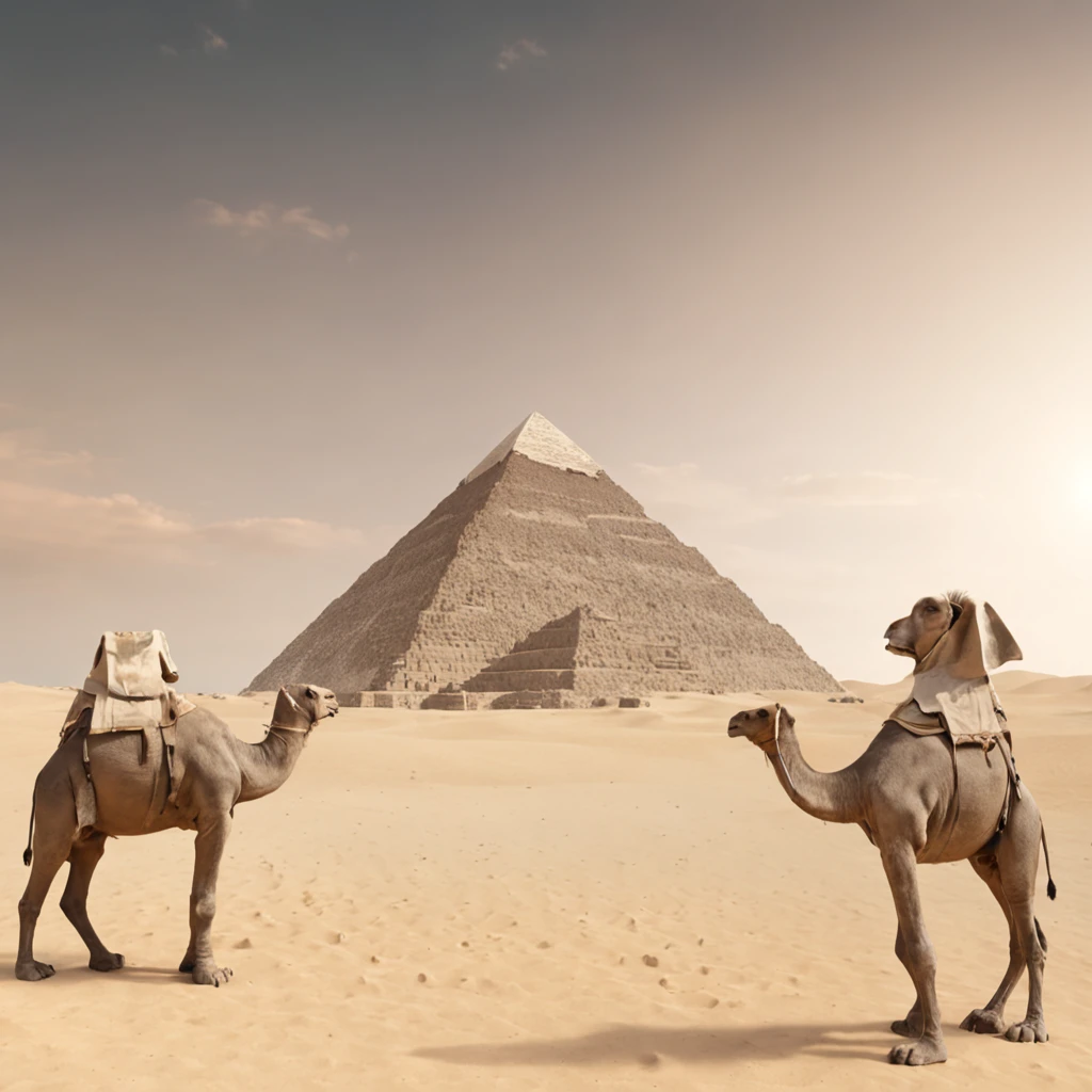 (Professional 3D rendering:1.3) de (Realistic:1.3) Cenario de fundo uma piramide do egito com palmeiras espalhadas, Some spaceships in the sky, um homem de cor de pele branca, com cabelos pretos, e oculos escuro preto, Standing in front of the pyramid, Render 3D animation, qualidade 4k, imagem de alta qualidade