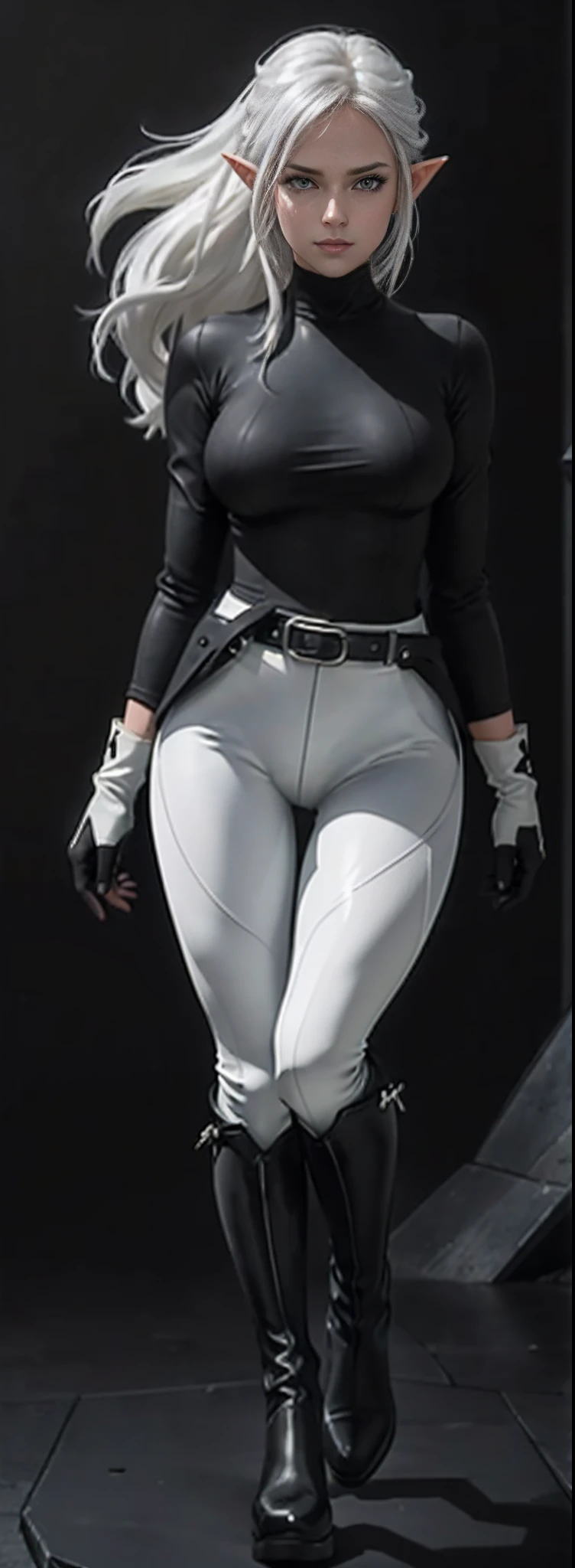 full body portrait of beautiful 1girl, solo, elf ((milf)), (very long) silver hair, tied in a knot, ((black tight long sleeve shirt)), (black knee-high riding boots:1.4), (white leggings:1.4), Anime style photo, Manga style, Digital art, glow effects, Hand drawn, render, 8k, octane render, cinema 4d, blender, dark, atmospheric 4k ultra detailed, cinematic sensual, Sharp focus, hyperrealistic, Masterpiece, colors, 3d octane render, 4k, concept art, trending on artstation, hyperrealistic, Vivid color, huge breasts, torture dungeon( black tight gloves:1.6), (looking at viewer), (seductive:1.1),(smile:0.6)(evil:0.5),8(from below:0.7),confident, belt,solo,(full body), confident,smug