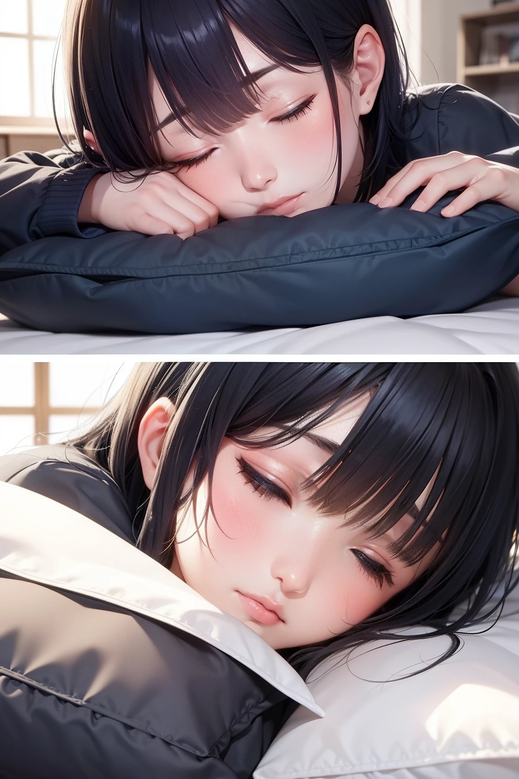 Short hair，with big eyes，sharped nose，little mouth，Black face，Wear white clothes，While sleeping