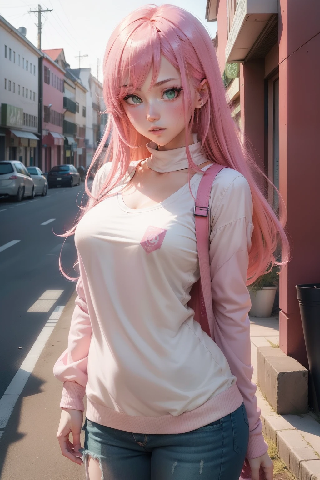 anime girl with pink hair and green eyes posing for a picture, colored manga panel, color manga panel, colored manga art, coloured manga scan, full color manga visual style, colored manga, official art, color spread, colored lineart, full color manga cover, detailed fanart, wallpaper!, coloured line art, haruno sakura, ultra detailed color art, fully colored