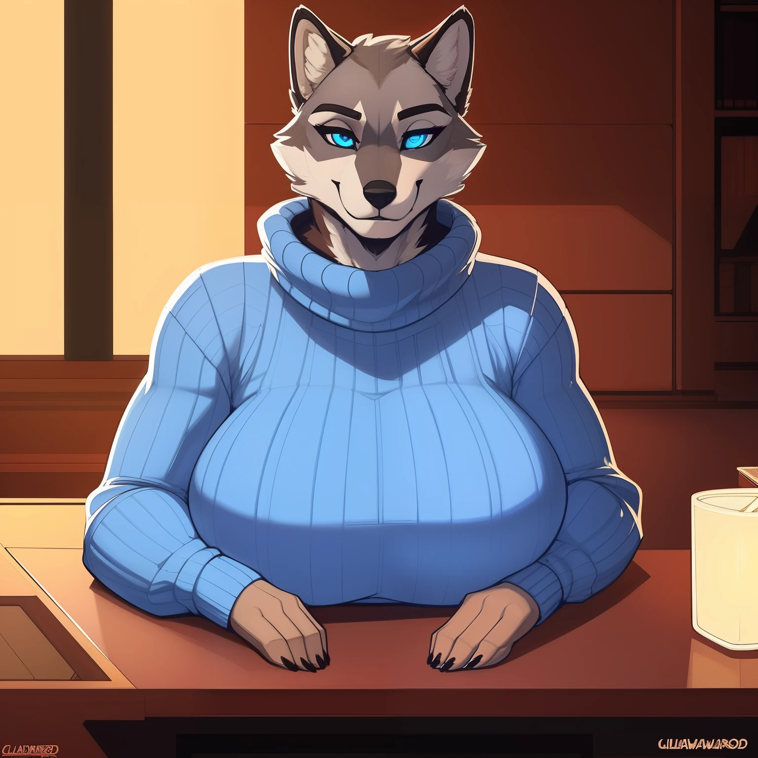 muscular_mature_timberwolf female blue_eyes sweater milf fluffy_neck solo Masterpiece best_quality absurdres highly_detailed cleanly_drawn_eyes anthro_only smirk large_breasts by_claweddrip, by_greasymojo, by_underscore-b, by_runawaystride
