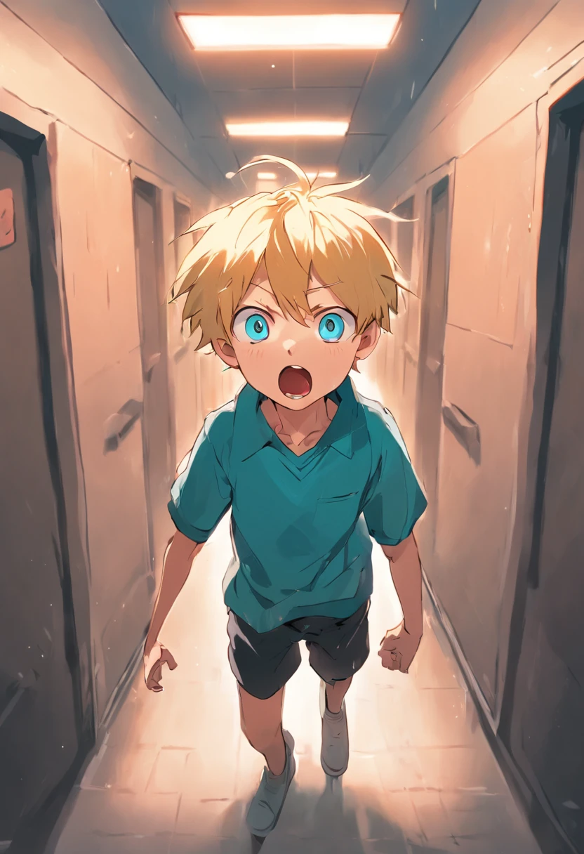 a boy with blonde hair blue eyes shouting any school corridor, 4k, illustration