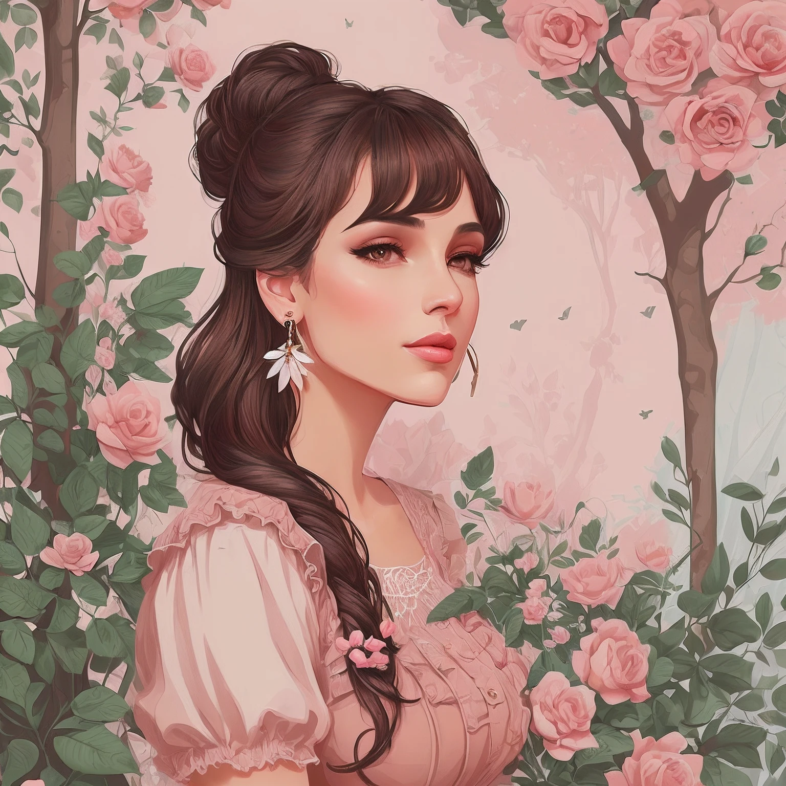 Illustration of a 25 year old woman with earrings, brown hair, pink lacy top and short denim shorts, she is in a garden, digital illustration style, cartoon style illustration, beautiful art style, trends in art, beautiful digital illustration, beautiful digital art, cartoon art style, cute detailed digital art, exquisite digital illustration, cute drawing style, awesome art style, vector art style, anime digital illustration, illustration Charlie Bowater Art Style, No Style Charlie Bowater, Charlie Bowater Style, charlie bowater character art, Charlie Bowater and Tom Bagshaw, No Bowater Art Style, Neoartcore and Charlie Bowater, inspired by Charlie Bowater, beautiful digital illustration